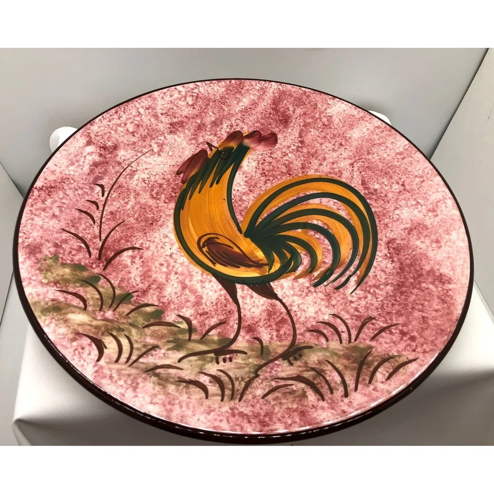 Vintage‎ Hand Painted Rooster Ceramic Charger Plate Pink Sponged Wall Decor